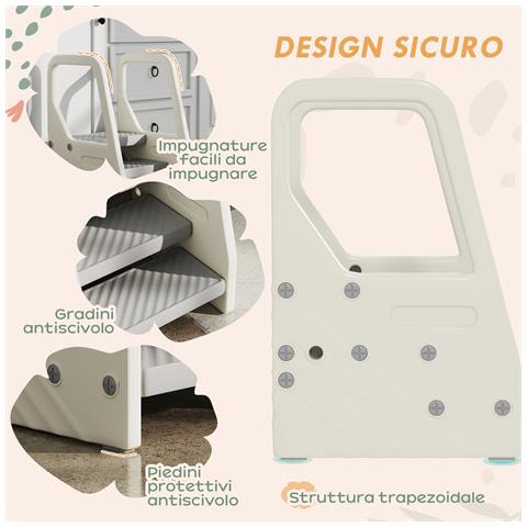 Sgabello per Bambini 2-5 Anni a 3 Gradini in HDPE, 43x42x65.5 cm, Grigio e Bianco Crema - Foto 6
