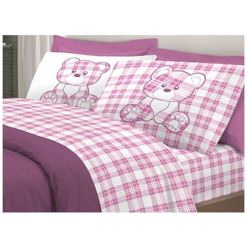Completo Lenzuola Linea Pensieri Delicati 100% Cotone Orsetto Tartan Primavera Piazza E Mezza Rosa - Foto 1
