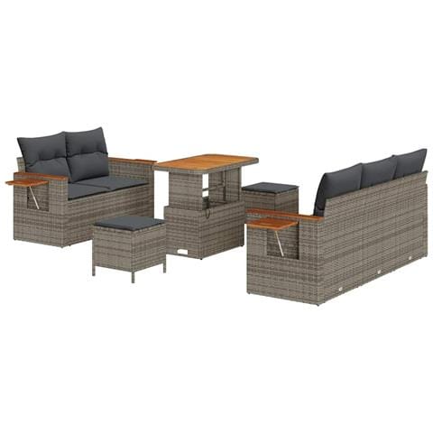 Set divano da 8 pezzi con cuscini grigio polirattan acacia,  Set da pranzo da giardino 3 pezzi con cuscini grigio polirattan acacia - Foto 1