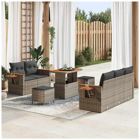 Set divano da 8 pezzi con cuscini grigio polirattan acacia,  Set da pranzo da giardino 3 pezzi con cuscini grigio polirattan acacia - Foto 2