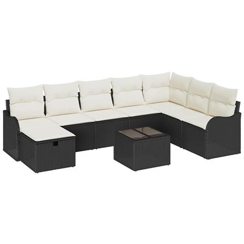 Set divano da giardino 9 pezzi con cuscini in polyrattan nero, Divano da giardino 2 posti con ripostiglio e cuscini in polyrattan nero - Foto 1