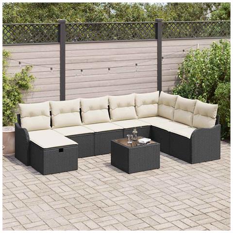 Set divano da giardino 9 pezzi con cuscini in polyrattan nero, Divano da giardino 2 posti con ripostiglio e cuscini in polyrattan nero - Foto 2
