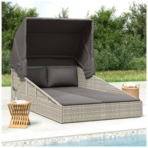 Lettino con Tetto Pieghevole Grigio 200x114x128 cm Polyrattan - Foto 2