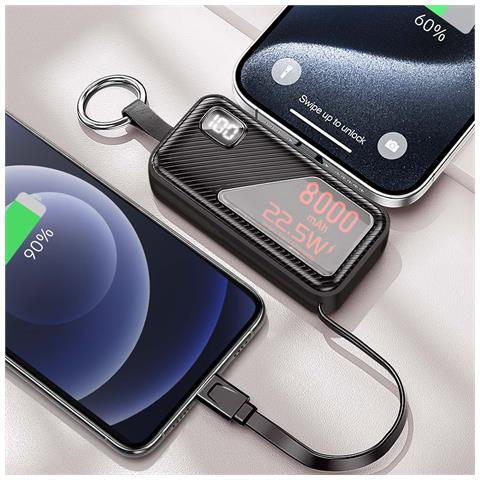 Mini Powerbank 8000mah Usb-c 22.5w E Lightning 20w Con Formato Portachiavi, Nero - Foto 2