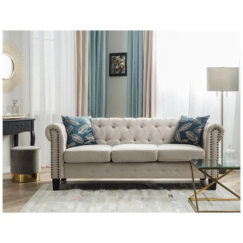 Divano 3 Posti In Tessuto Beige Gambe Dritte Chesterfield - Foto 16