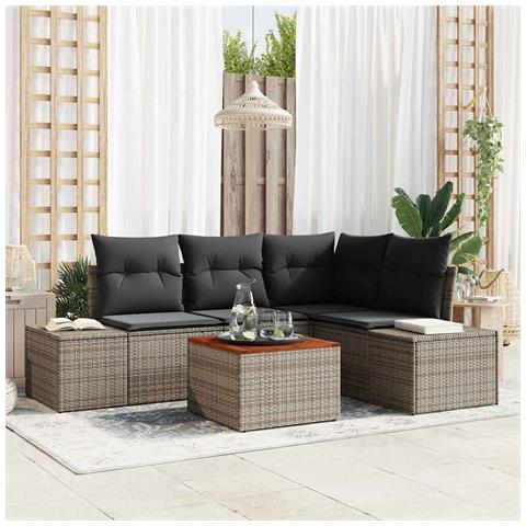 Set Divano da Giardino di 5 Pezzi con Cuscini Grigio Polyrattan Acacia - Foto 2