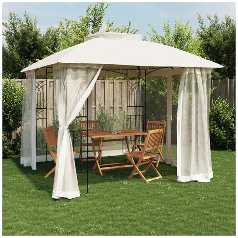 Gazebo con Tetto Doppio e Pareti Rete Crema 2,94x2,94 m Acciaio - Foto 2