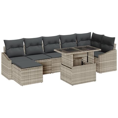 Set di divani da giardino 8 pezzi con cuscini grigio chiaro in polirattan - Foto 1