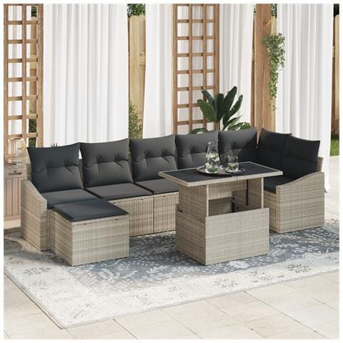 Set di divani da giardino 8 pezzi con cuscini grigio chiaro in polirattan - Foto 2