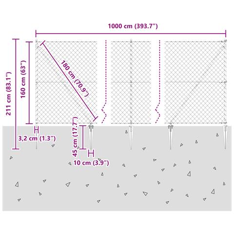 Recinzione a maglie di catena con 7 pali a picco 1.6x10 m in Acciaio zincato - Foto 9