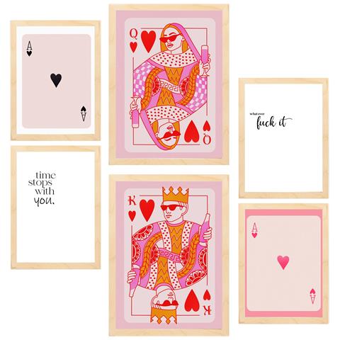 Set Di 6 Stampe Illustrazioni Di Dipinti Decorativi Di Arte Moderna Nei Toni Del Rosa Incorniciati Con Illustrazioni A3 & A4 Telaio In Legno Chiaro - Foto 1
