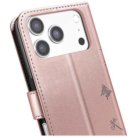 Custodia A Portafoglio Per Iphone 17 Pro Max Premium Design Fiori Farfalla, Rosa Champagne - Foto 2