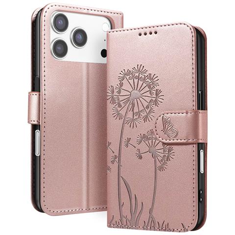 Custodia A Portafoglio Per Iphone 17 Pro Max Premium Design Fiori Farfalla, Rosa Champagne - Foto 5