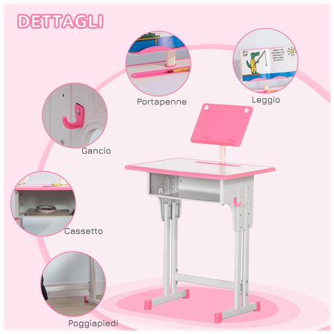 Banco Scuola con Sedia ad Altezza Regolabile per Bambini 6-12 Anni, Acciaio e MDF, Rosa - Foto 2