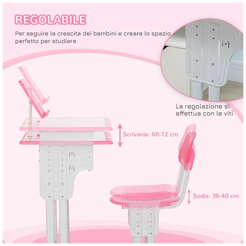 Banco Scuola con Sedia ad Altezza Regolabile per Bambini 6-12 Anni, Acciaio e MDF, Rosa - Foto 6