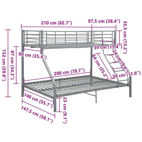 Lusso Casadino -  Letto A Castello Grigio In Metallo 140x200 Cm/90x200 Cm - Foto 8