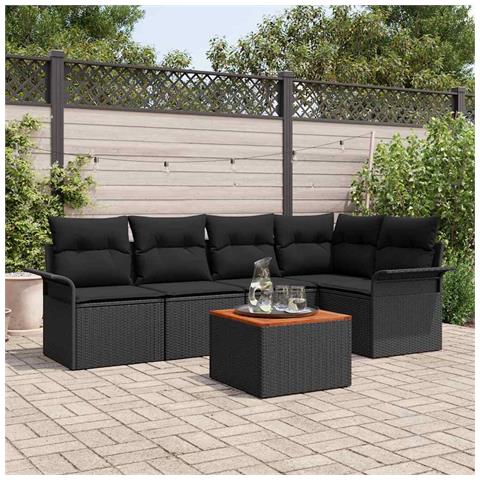 Set di Divani da Giardino 6 Pezzi con Cuscini Nero Polyrattan Acacia - Foto 2