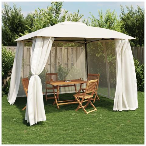 Gazebo con Tetto Doppio e Pareti Rete Crema 2,93x2,93 m Acciaio - Foto 2