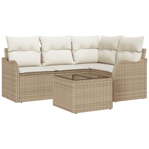 Set di divani da giardino 5 pezzi con cuscini in polyrattan marrone, Divano da giardino 2 posti con cuscini in polyrattan beige - Foto 1