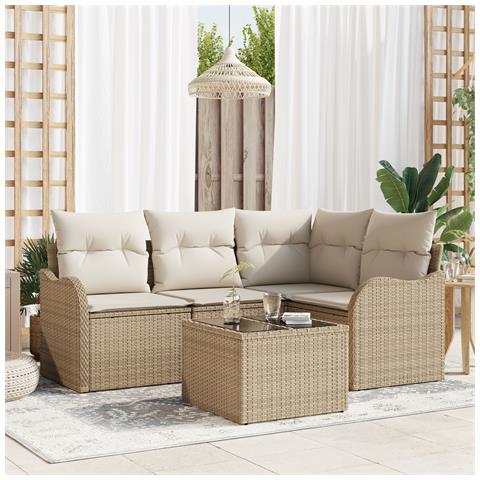 Set di divani da giardino 5 pezzi con cuscini in polyrattan marrone, Divano da giardino 2 posti con cuscini in polyrattan beige - Foto 2