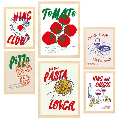 Set Di 6 Stampe Illustrazioni Decorative Di Cibo In Stile Pop Art Con Pomodori, Pasta E Pizza Incorniciate A3 & A4 Telaio In Legno Chiaro - Foto 1