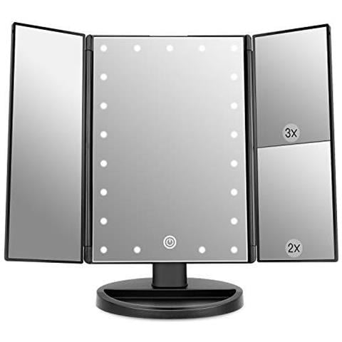 Illuminato Trucco Dello Specchio A Tre Ante Specchio Da Toilette Con 1x 2x Ingrandimento 3x Notti Naturali Led Touch Screen Chargable (nero)  - Foto 1