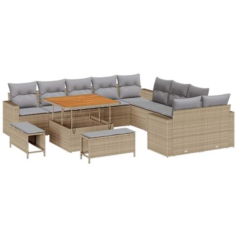 Set di Divani da Giardino  13 Pezzi con Cuscini Beige Polyrattan Acacia, Set da pranzo da giardino  3 Pezzi con Cuscini Beige Polyrattan Acacia - Foto 1