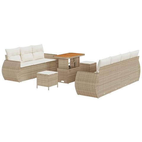 Set Divano da Giardino  10 Pezzi con Cuscini Beige in Rattan Polietilene Acacia, Set da Pranzo da Giardino  3 Pezzi con Cuscini Beige in Rattan Polietilene Acacia - Foto 1