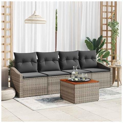 Set Divano da Giardino 5 Pezzi con Cuscini Grigio Polyrattan Acacia - Foto 2