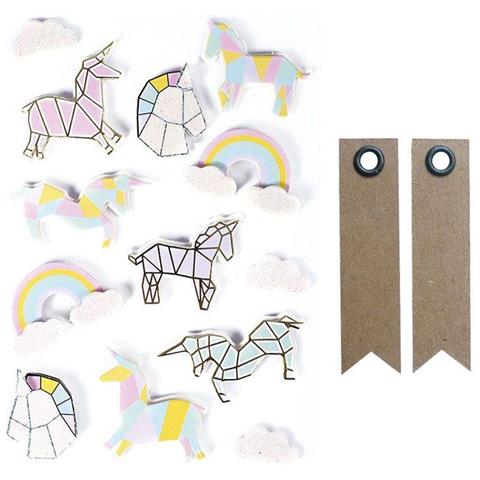 13 Adesivi 3d - Unicorni 5 Cm + 20 Etichette Kraft Con Gagliardetto - Foto 1