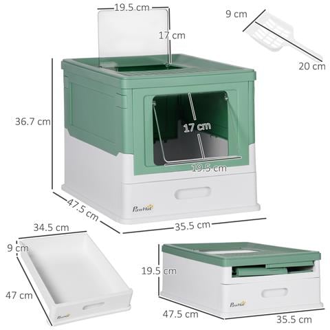 Lettiera Per Gatti Chiusa Con Paletta, Vassoio Estraibile E 2 Porte, 47.5x35.5x36.7cm, Verde - Foto 6