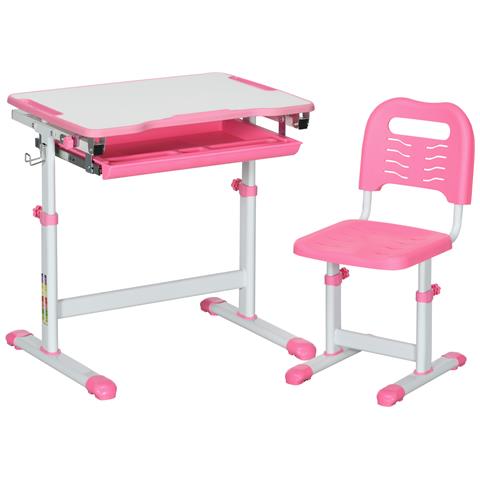 Banco Scuola per Bambini 6-12 Anni con Sedia e Altezza Regolabile, Piano Inclinabile, 66x47x52-77 cm, Rosa - Foto 1