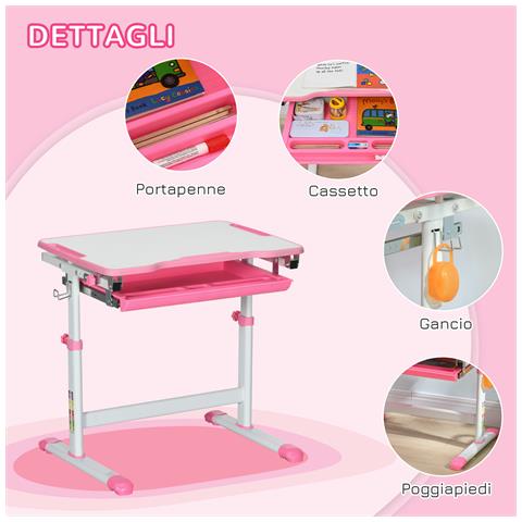 Banco Scuola per Bambini 6-12 Anni con Sedia e Altezza Regolabile, Piano Inclinabile, 66x47x52-77 cm, Rosa - Foto 2
