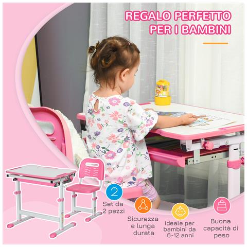 Banco Scuola per Bambini 6-12 Anni con Sedia e Altezza Regolabile, Piano Inclinabile, 66x47x52-77 cm, Rosa - Foto 6