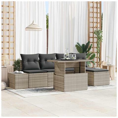 Set da giardino 6 pezzi con cuscini in polirattan grigio chiaro - Foto 2