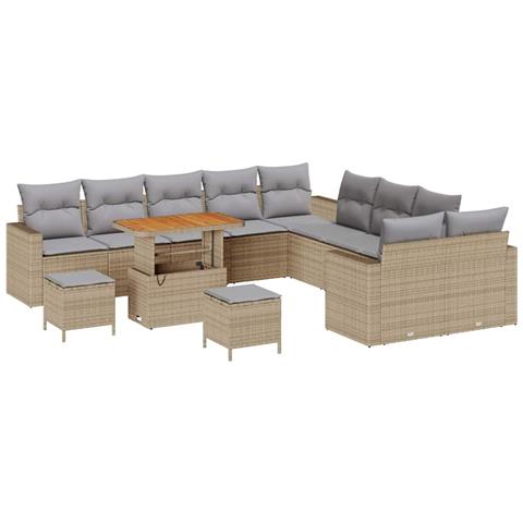 Set di divani da giardino 13 pezzi con cuscini Beige Polyrattan Acacia, Set da pranzo da giardino 3 pezzi con cuscini Beige Polyrattan Acacia - Foto 1