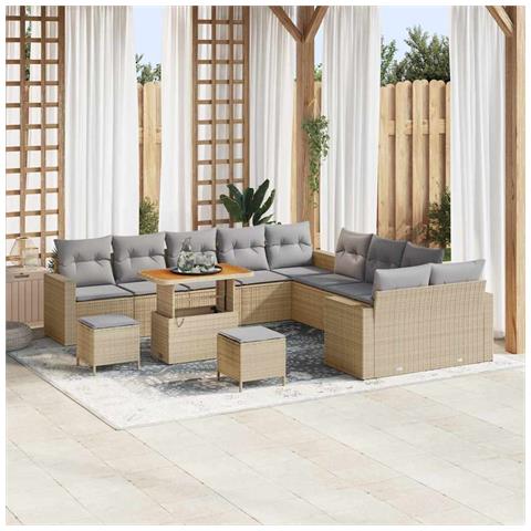 Set di divani da giardino 13 pezzi con cuscini Beige Polyrattan Acacia, Set da pranzo da giardino 3 pezzi con cuscini Beige Polyrattan Acacia - Foto 2
