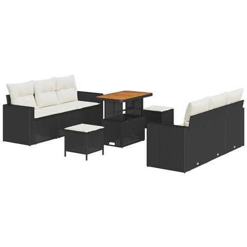 Set Divano da Giardino 9 Pezzi con Cuscini in Rattan Nero e Acacia,  Set da Pranzo da Giardino 3 Pezzi con Cuscini in Rattan Nero e Acacia - Foto 1