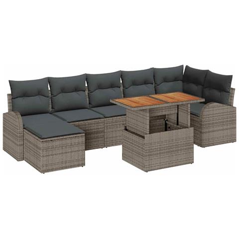 Set Pranzo Giardino 8 Pezzi con Cuscini Grigio Poly Rattan Acacia - Foto 1