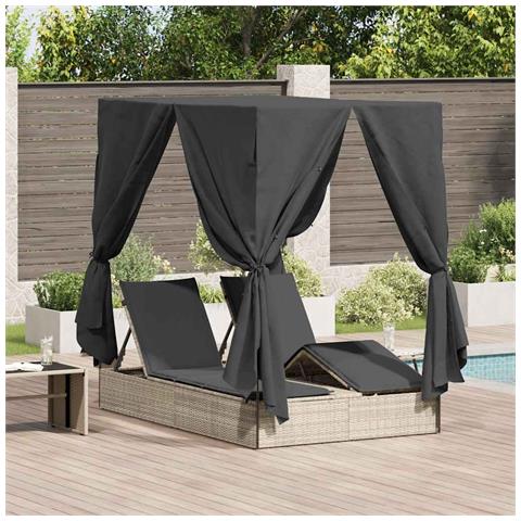 Doppio Lettino Prendisole con Tetto e Tendine Grigio Chiaro in Polyrattan - Foto 2