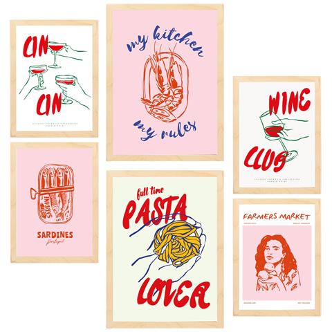 Set Di 6 Stampe Illustrazioni Di Dipinti Decorativi Di Cibo E Pasti In Stile Pop Art Nei Toni Del Rosa Incorniciati Con A3 & A4 Telaio In Legno Chiaro - Foto 1