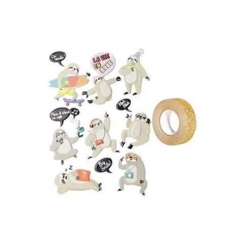 15 Adesivi 3d Bradipo + Washi Tape Dorato 5 M - Foto 1