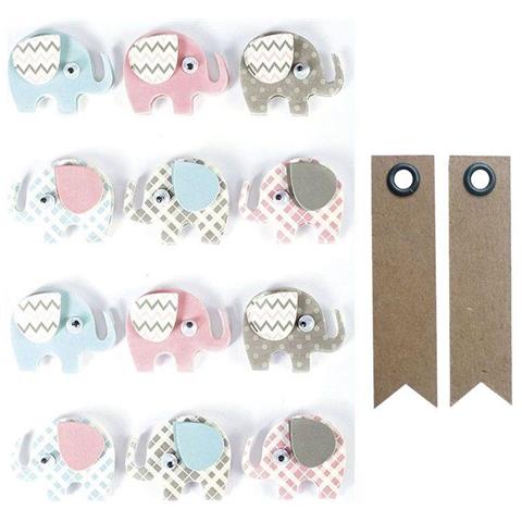 12 Adesivi 3d - Elefanti 4,3 Cm + 20 Etichette Kraft Con Gagliardetto - Foto 1