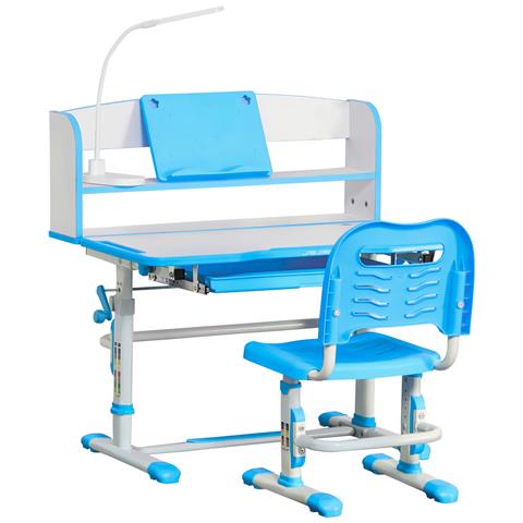 Banco Scuola per Bambini 6-12 Anni Regolabile con Luce LED, Leggio e Portapenne, in MDF, PP e Acciaio, Azzurro - Foto 1