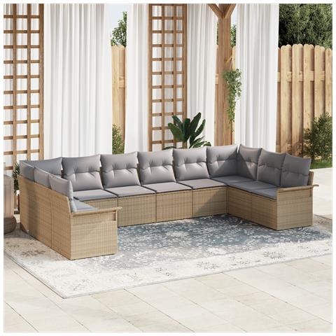 Set Divano da Giardino 10 Pezzi con Cuscini Beige Polirattan, Divano da Giardino 2 Posti con Ripostiglio e Cuscini Beige Polirattan - Foto 2