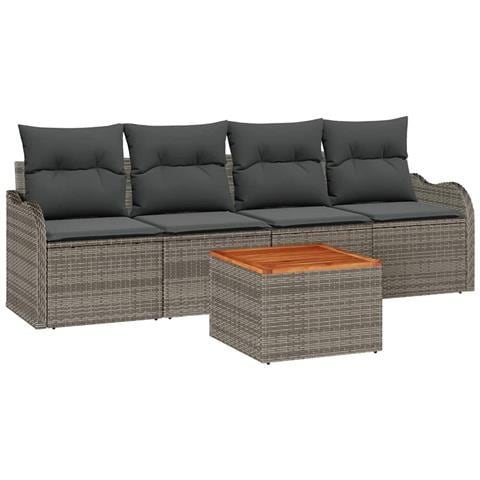 Set Divano da Giardino 5 Pezzi con Cuscini Grigio Polyrattan Acacia, Divano da Giardino 2 Posti con Ripostiglio e Cuscini Grigio Polyrattan - Foto 1