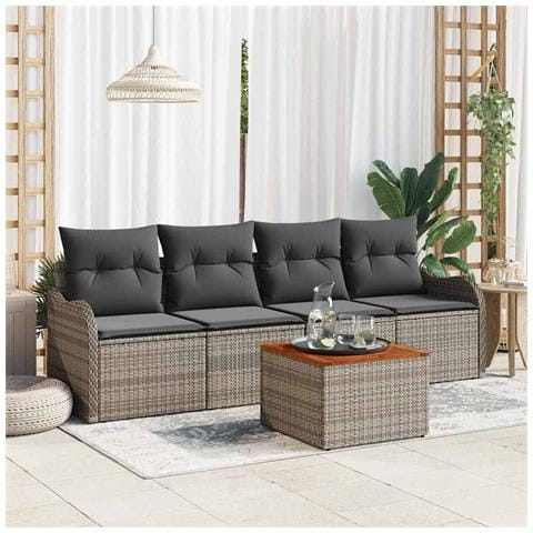 Set Divano da Giardino 5 Pezzi con Cuscini Grigio Polyrattan Acacia, Divano da Giardino 2 Posti con Ripostiglio e Cuscini Grigio Polyrattan - Foto 2