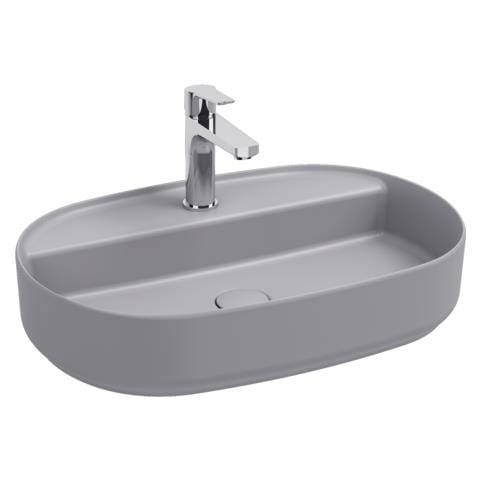 Lavabo Ovale Da Appoggio Senza Troppo Pieno In Ceramica Con Foro Rubinetto - Grigio Pietra Opaco - Foto 1