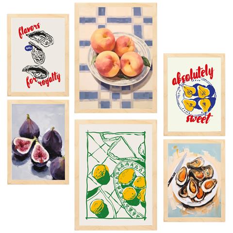 Set Di 6 Stampe Illustrazioni Decorative Di Cibo E Cucina Mediterranea Incorniciate Con Illustrazioni A3 & A4 Telaio In Legno Chiaro - Foto 1