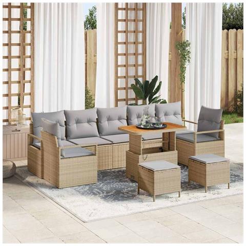 Set di Divano da Giardino da 10 Pezzi con Cuscini Beige in Polyrattan Acacia,  Divano da Giardino per 2 Persone con Spazio di Archiviazione e Cuscini Beige in Polyrattan,  Set di Ristorazione da Giardino da 3 Pezzi con Cuscini Beige in Polyrattan Acacia - Foto 2